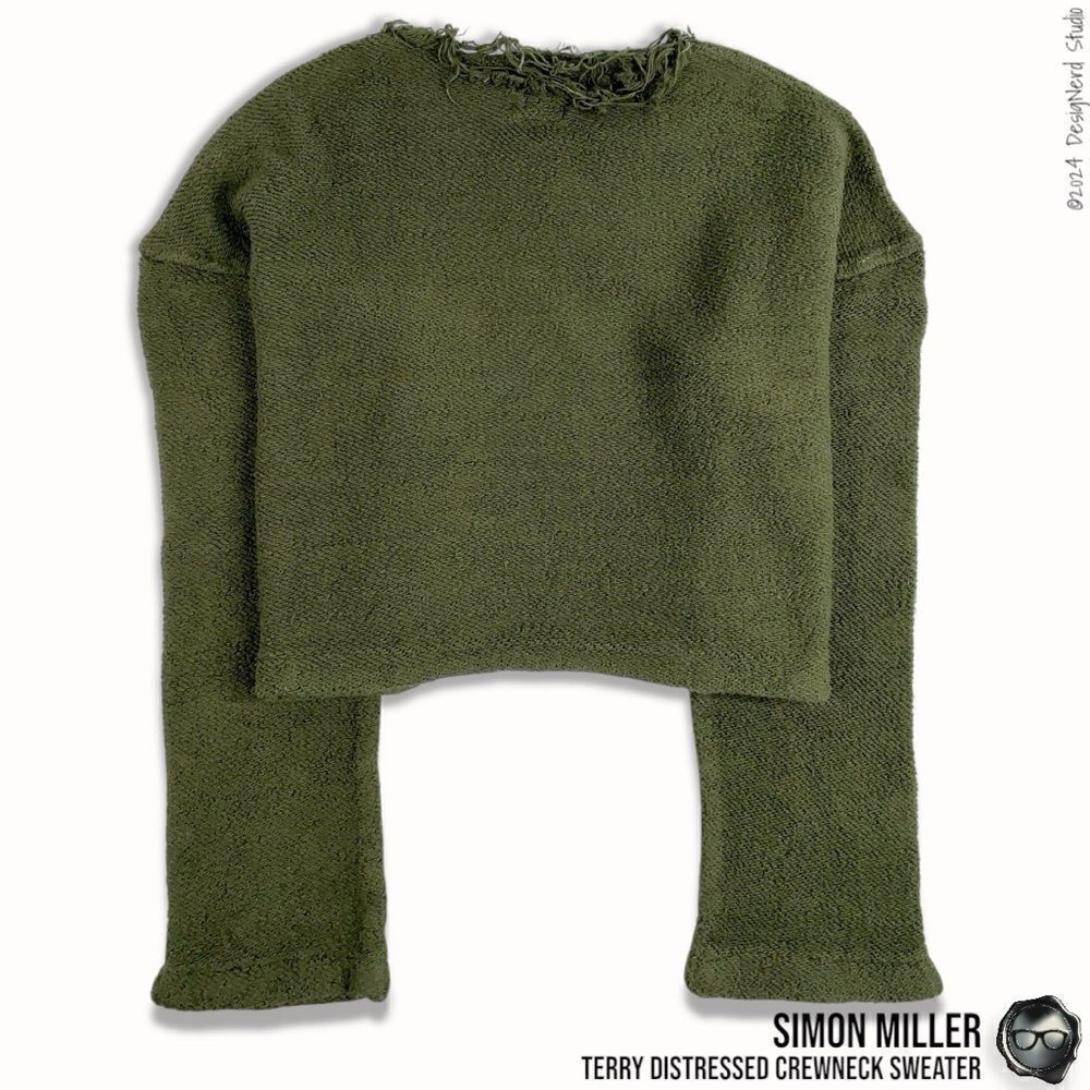 SIMON MILLER DISTRESSED CREWNECK SWEATER IN MOSS GREEN TERRY CLOTH 2016 OVERSIZE